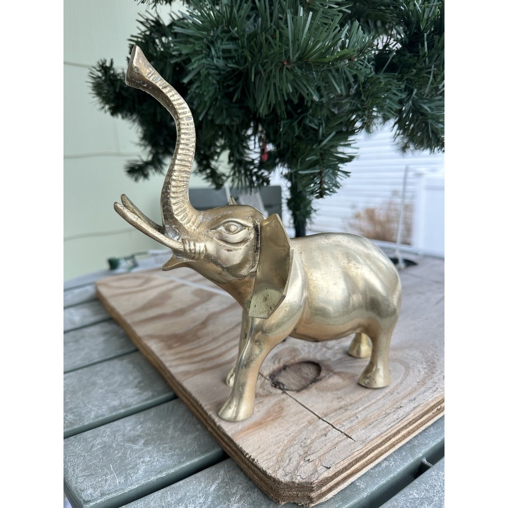 VINTAGE‎ HEAVY SOLID BRASS ELEPHANT TRUNK UP FIGURINE 3 POUNDS MCM